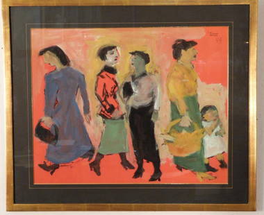 Fikret MOUALLA (Turkish 1903-1967) Oil & Acrylic: Oil and Acrylic on Paper. Figural Scene of 5 People. Signed in ink upper right and dated 1954. 20 X 25" (27" X 32"). From a Hackensack, NJ Home."