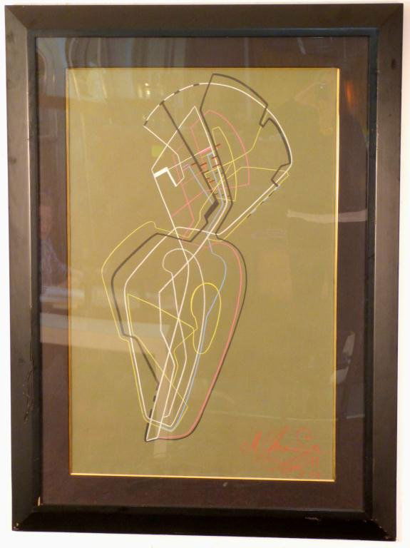 Mihail Chemiakin (Russian, b. 1943)-Ink and Pastel: Untitled- Ink and Pastel on Green Paper 38 1/2 X 25 1/4" (50 1/2" X 37 1/2") Signature in lower right hand corner, orange pastel. A Corporate Long Island Collection"