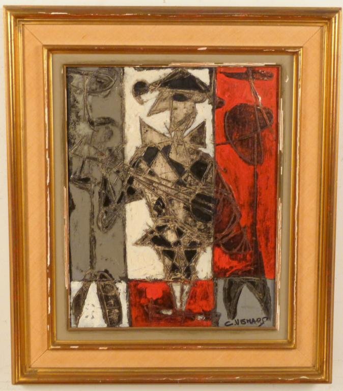Claude VENARD (French 1913-1999) - Oil on Canvas: Harlequin" Signed lower right, labeled on verso: N.Y. Circulating Library of Paintings. Tag, referring to F.A.R. Gallery. 15 3/4" X 12 1/2" ( 23" X 20")"