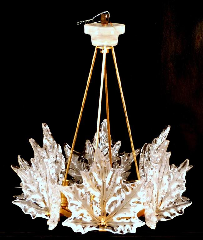 Lalique Champs- Elysees 1 Tier Chandelier: Hexagonal gilt bronze frame, 6 glass leaf form mounts etched and frosted, 1 brass ball missing, excellent condition, all pieces signed, 2 extra leaf mounts. This item retails at Lalique for $20,000 +