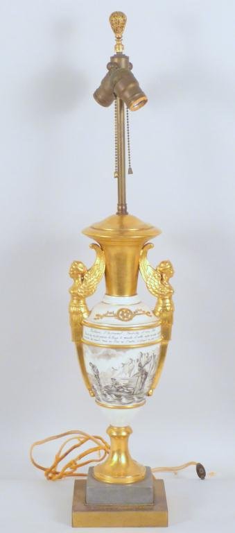 Antique French Paris Porcelain Urn Lamp: Inscription on rim. Caryatid handles. 31 H"