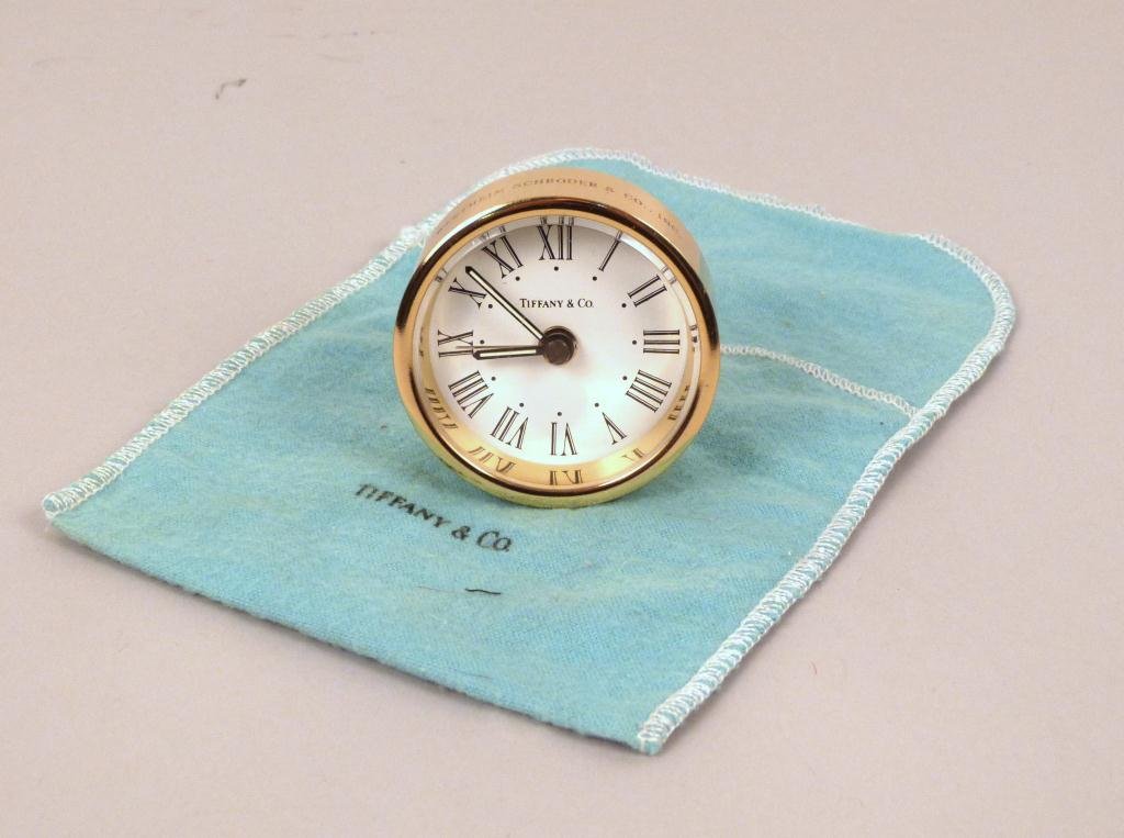 Tiffany & Co. Brass Paper Weight Clock: 2 1/4 Dia."