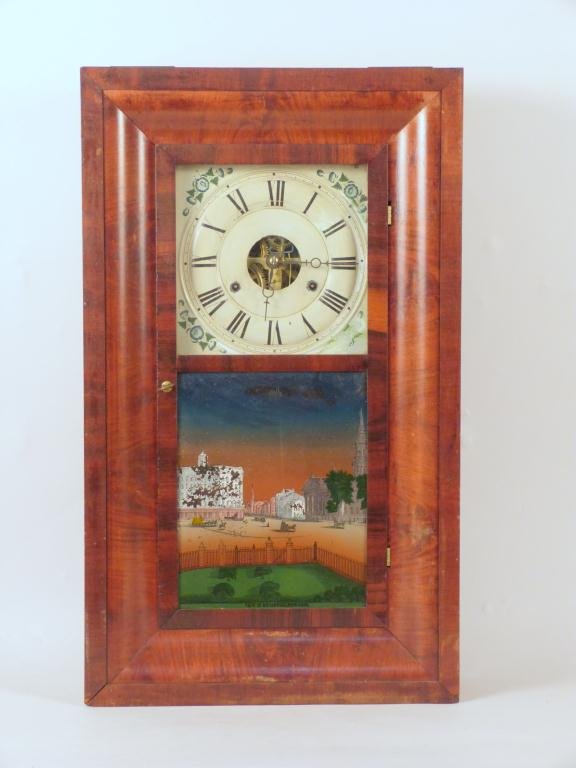 Antique American Seth Thomas Regulator Clock: Eglomese painted Broadway NYC scene, interior paper label and weights, Ogee frame15" W X 4" D X 26" H. From 258 Riverside Drive.