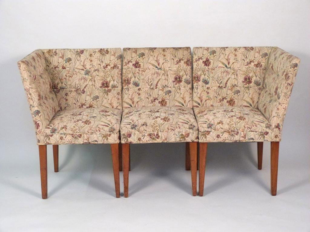 Three Part Mid Century Settee: 2 corner chairs and one center chair, 64 " W X 23 1/2" D X 33 1/2" H. From 295 Central Park West.