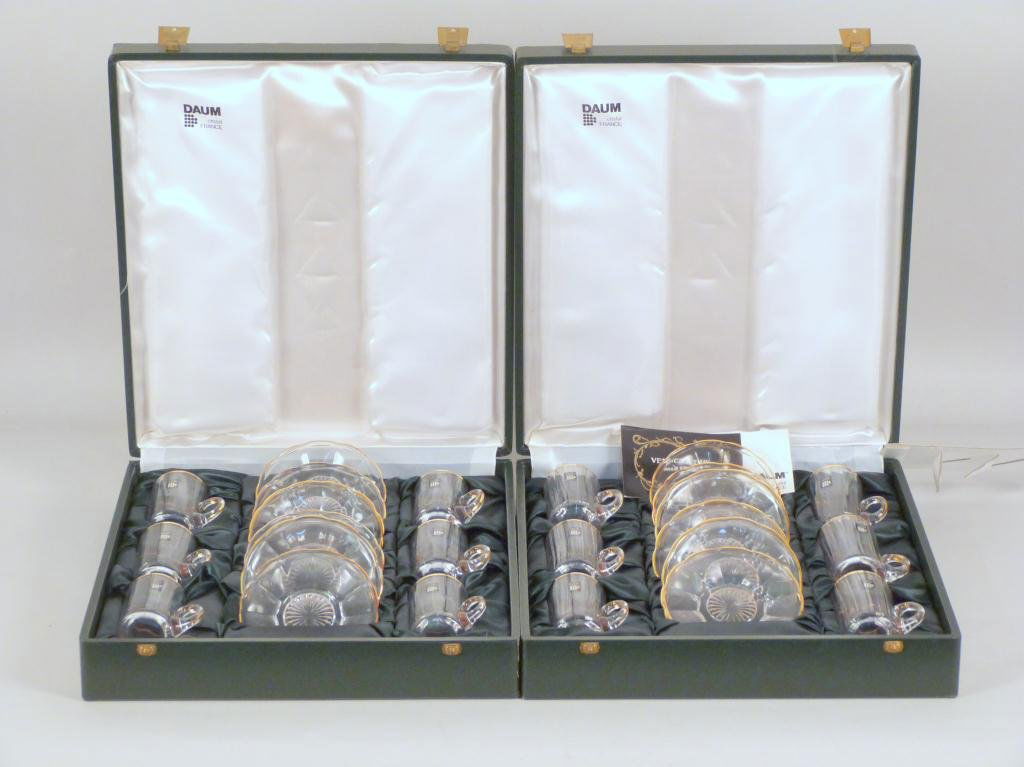 Pair of 6 Piece Daum Cristal Tea Sets: In fitted cases, like new condition, cases scratched
