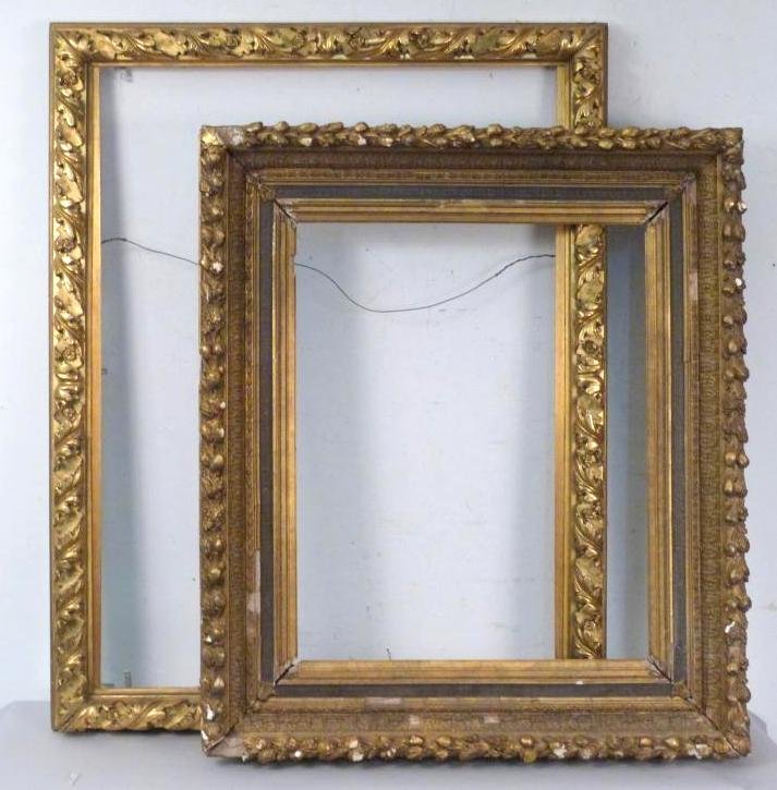 Two Antique Gilt Painting Frames: Smaller Made of Gesso - Opening: 27"H x 22W" (33" x 38") Larger is Gilt Carved Wood - Opening: 29 1/2"W x 39H (45" x 35") (missing some rosettes)