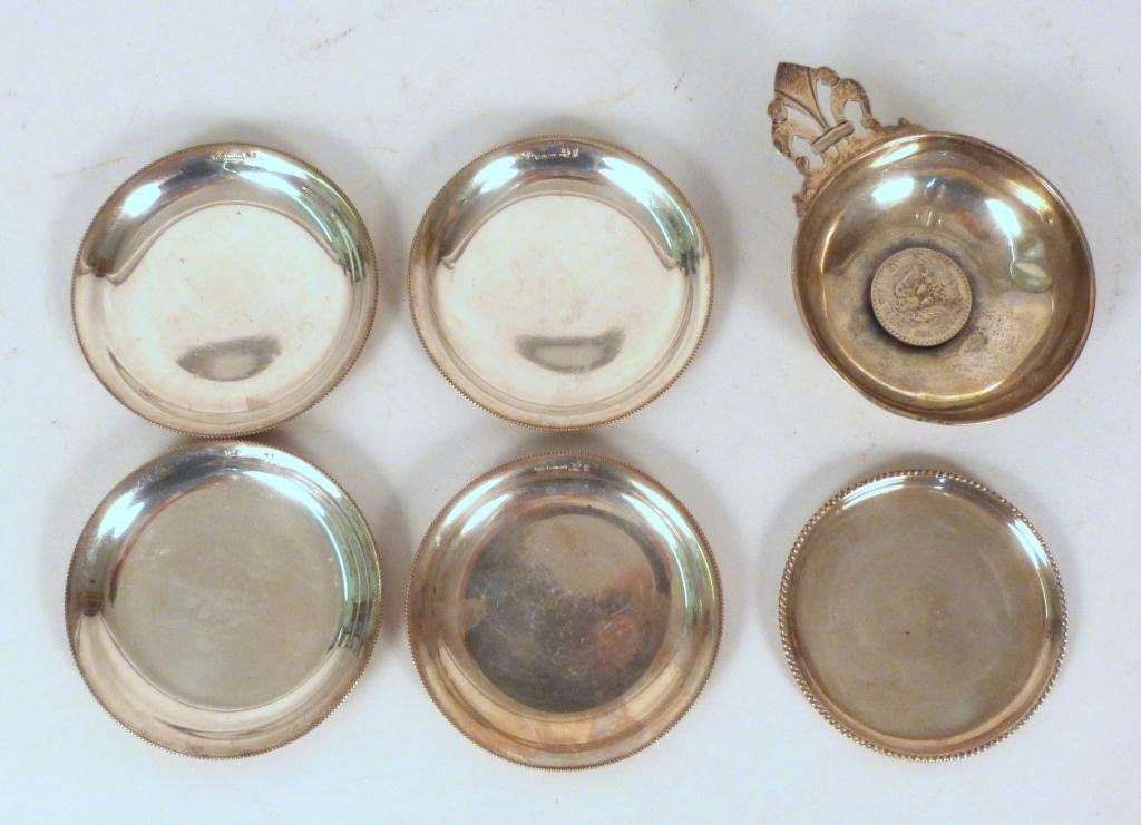 6 Sterling Silver Nut Dishes: 1 with Mexican silver coin. 10 troy oz