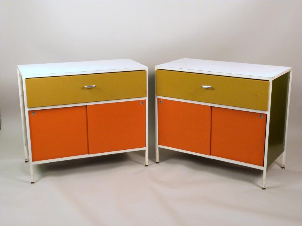 Pair of George Nelson for Herman Miller Cabinets: Laminate with metal frames, chrome handles, needs restoration. 33 1/2 L X 17" W X 29 3/4" H"