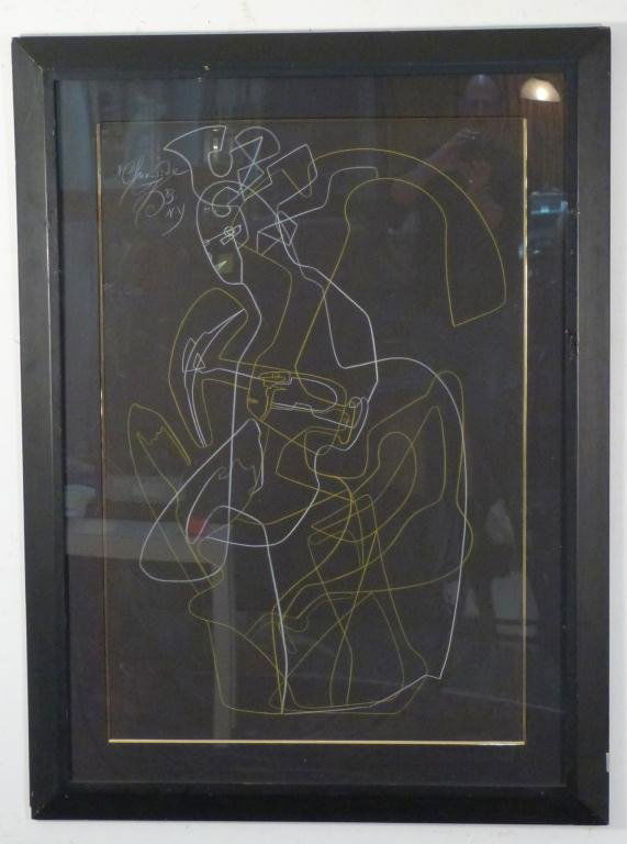 Mihail Chemiakin (Russian, b. 1943) - Pastel: Michael Chemiakin, Color pastel/or chalk on black paper. Abstract figure, signed upper left corner, dated 1983, N.Y. - Frame needs restoration. 43 1/2 X 29 1/2" (41 1/2" X 55"). A Corporate Long Islan
