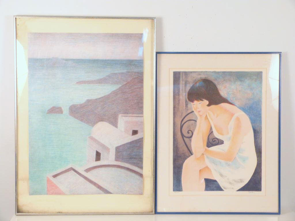 2 Framed Signed Illegibly Lithographs: Mediteranean view, 18 of 37, signed, 27 W X 19" H ( 33 1/2" W X 23 1/4" H). Study of a woman, signed, 181 of 260, 20 1/4" W X 15" H (27 1/2" W X 21 3/8" H)."