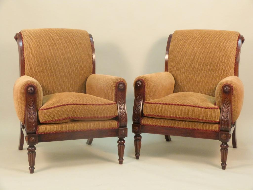 Pair of Sheraton Style Library Armchairs: Carved mahogany, down upholstered, by Epoca. Pristine condition. 32 W X 31 1/2" D X 38 1/2" H"