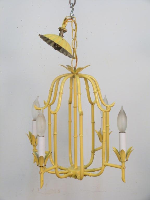 Faux Bamboo Painted Metal Chandelier: 4 lights, flower form light holders and ceiling cap. 17 Dia. X 16" H plus chain"
