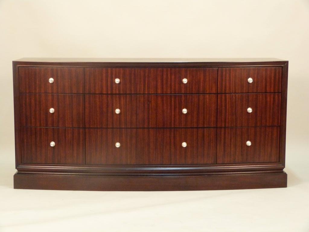 Ethan Allen Bow Front Chest of Drawers: Silver metal pulls on dark wood frame. 9 drawers. Very good condition. 70W X 20"D X 33" tall."