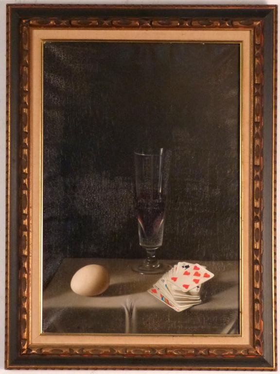 Fernand Renard (French 1920 - 1990) - Oil: Oil on canvas - Still life with playing cards and egg. 21 X 14 1/2" (27" X 20")"