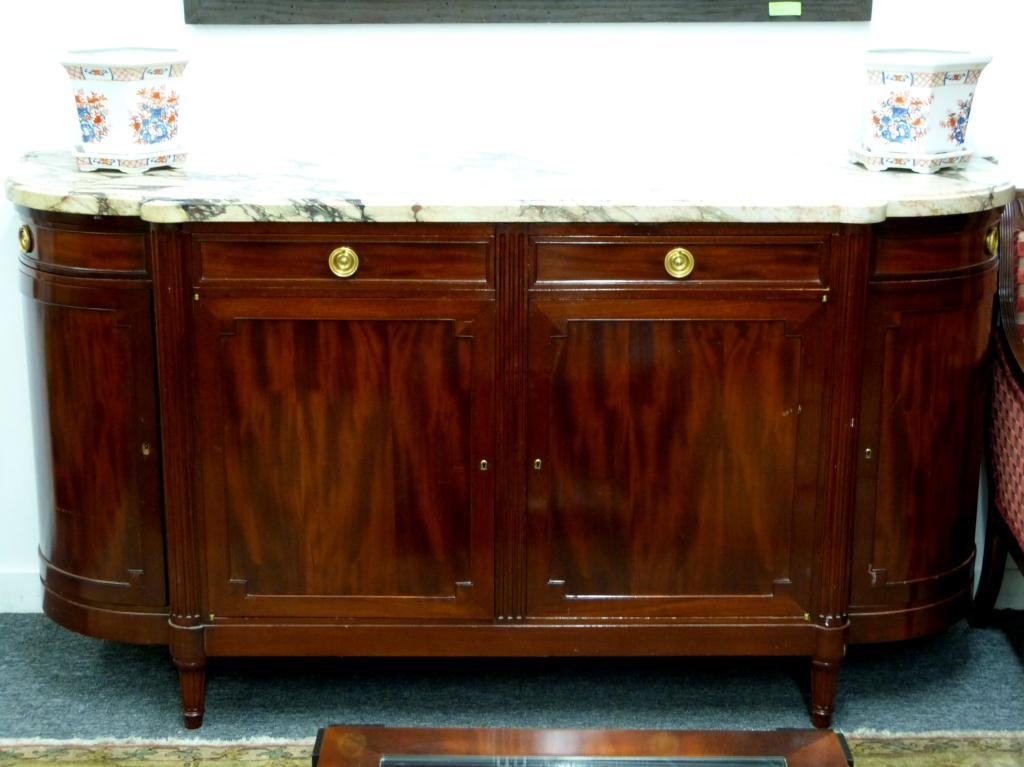 Large French Style Mahogany D" Shaped Sideboard": Beveled and fitted double thick marble top. 2 Straight front doors and drawers flanked by demi-lune doors and drawers separated by 4 fluted columns. Good solid condition. 80W X 24 1/2"D X 42" tall."