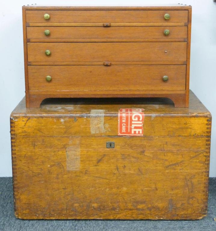 2 Large Chests - Large Oak Trunk and: 4 drawer flatware chest. Trunk - 29W X 18"D X 16"tall. - Chest - 24"W X 13"D X 15"tall (missing one knob)"