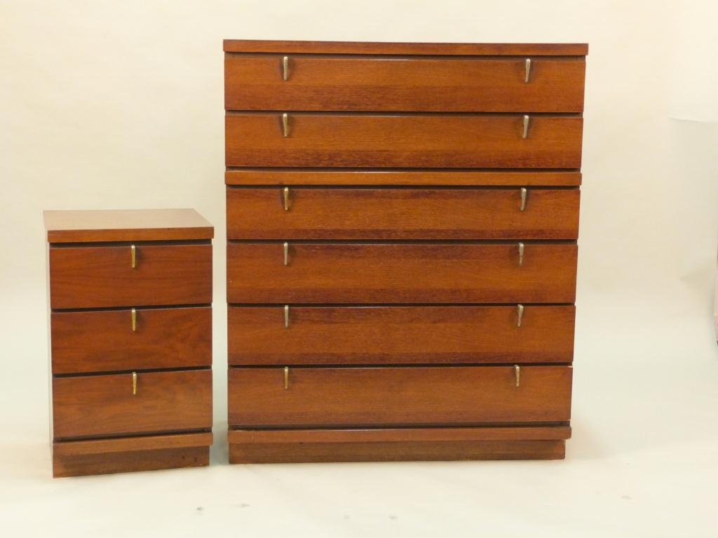 Art Deco Style Chest and Nightstand: Metal mounted handles, walnut fronts and wood grain formica tops. Chest 36W X 18"D X 44"H - Nightstand 16"W X 14"D X 26"H. (60 East 9th Street Estate)"