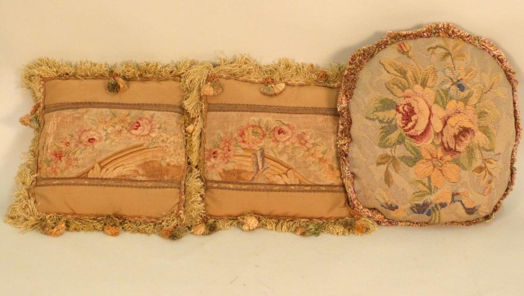 3 Antique Aubusson Pillows: Pair as is with evidence of age, and an Amoeba shaped fringed pillow. (A Park Avenue residence)