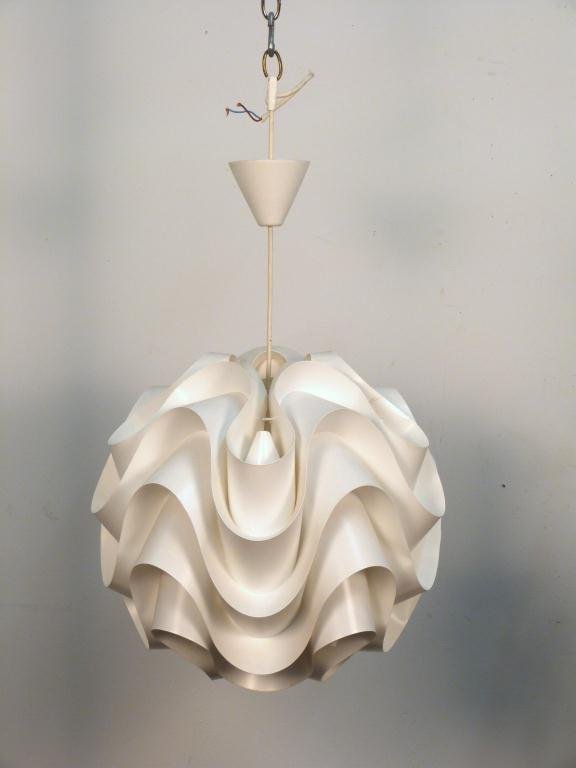 Mid-Century Danish Molded Plastic Fixture: White plastic, waved and formed into a globe form fixture with a single interior light. 18 dia X 16" tall globe. (Needs cleaning) - Signed LE KLINT Made in Denmark"
