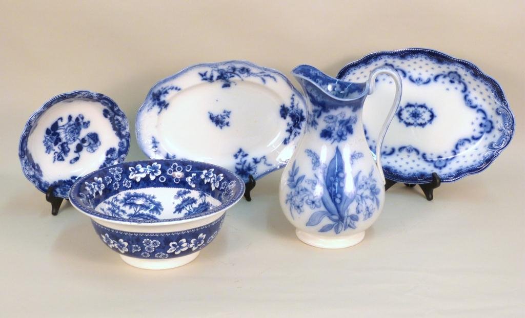 Assorted English Blue and White Articles: Copeland Spode bowl, Lily pitcher (13 H), etc. (A Park Avenue residence)"