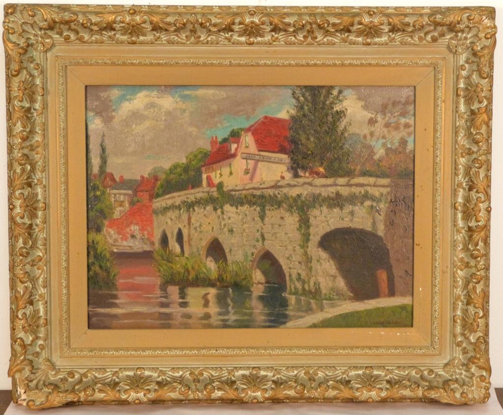 Allan Barr - Oil on Canvas: Canal scene with bridge. Signed lower right. Frame as is. 17 X 24" (29" X 35") (Estate of Peter Jennings)"