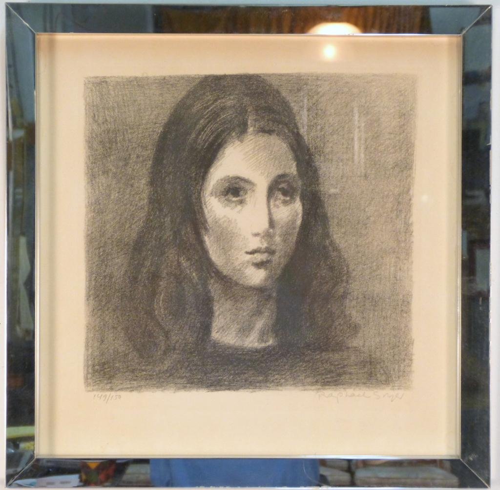 Raphael Soyer (American) - Lithograph: Study of a girl. Signed and numbered 149/150. Mirrored plexiglass frame. 13 1/2 Sq. (20" Sq.)"