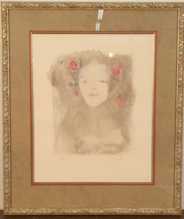 Leonor Fini (Argentine 1907 - 1996) - Lithograph: Study of a woman with flowers. Signed lower right and numbered 77/175. 19 1/2 X 15 1/2" (28" X 23 1/2")"