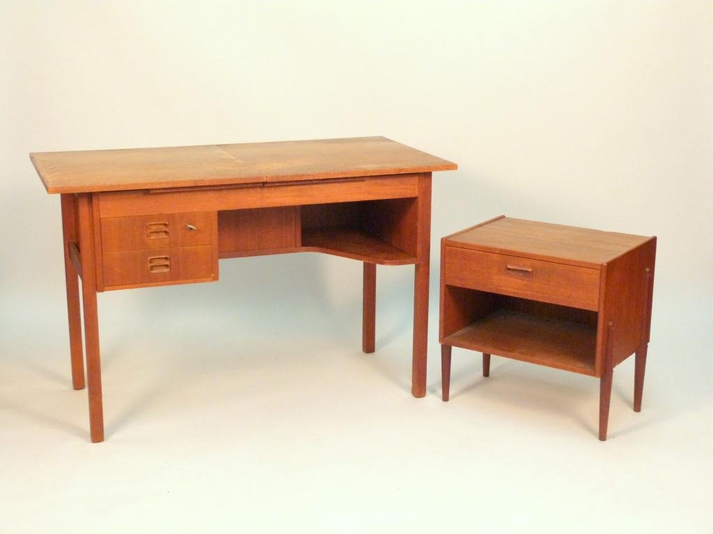 2 Piece Danish Modern Vanity Suite: Slide top vanity desk. And bed side stand. Label removed. Vanity 45W (58"W open) X 24"D X 29"H. Night stand 20"W X 15"D X 21"H."