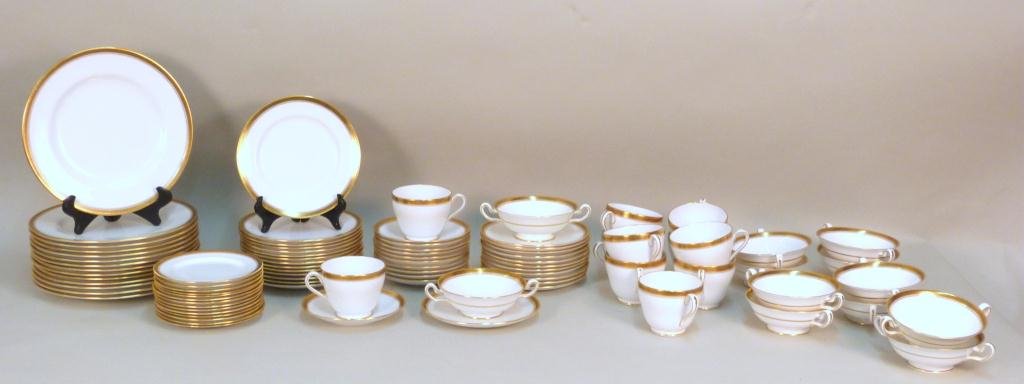 Spode Gilt Rim Dinner Set: Black Greek key pattern- #5701 K. 14 dinner plates ( @ 10 1/2). 14 salad plates (@ 7 3/4"). 14 butter plates (@ 6 1/2"). 11 cup and saucers. 12 soup and saucers."