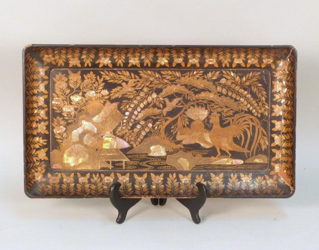Chinese Export Style Tray: Papier mache. Gilt design and mother of pearl inlay. 18 X 10". As is."