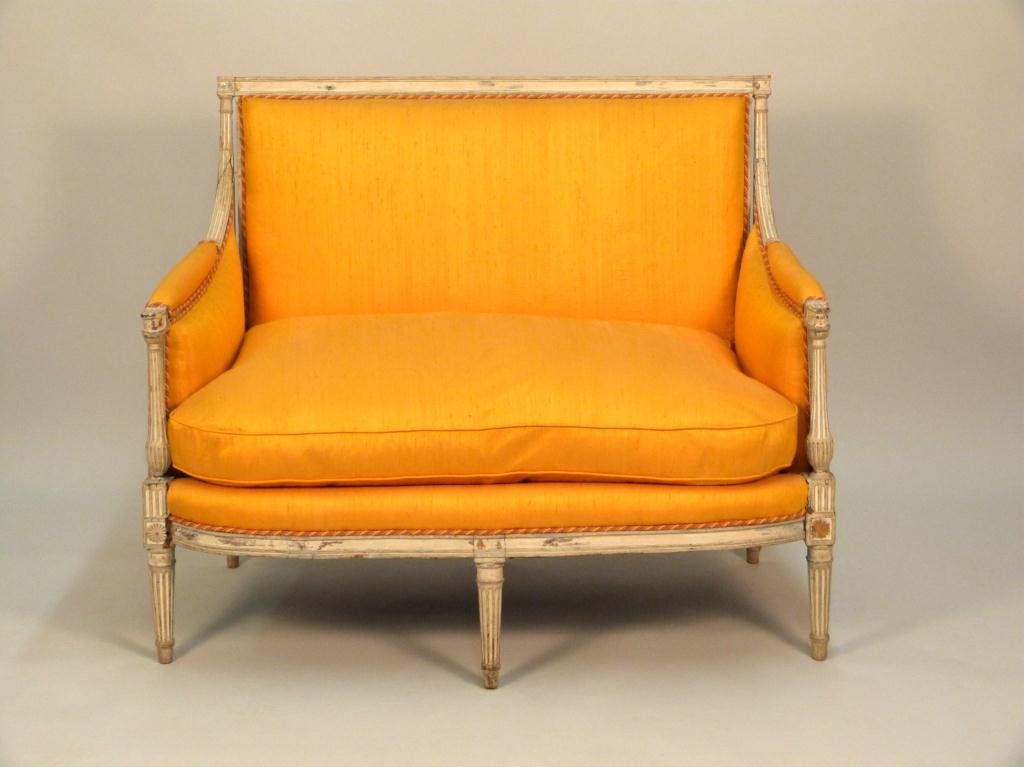Antique French Painted Canape/ Settee: As is. Down cushion. Fluted arms and legs.19th C. Six legs. 42W X 28"D X 38"H"