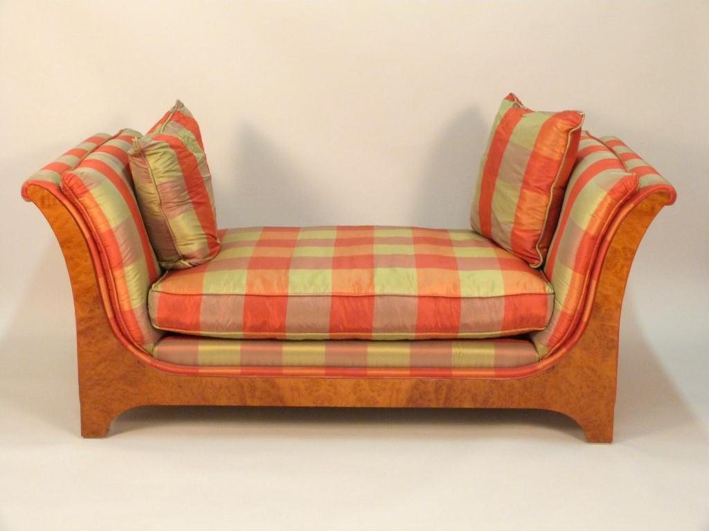 Biedermeier Style Day Bed: Burled wood. Satin down cushions with back cushion. 69W X 33 1/2"D X 30"H"