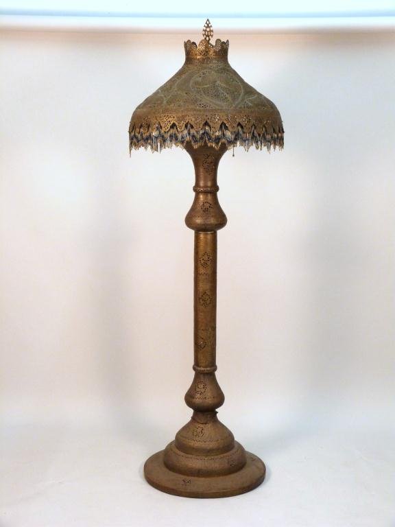 Tall Brass Syrian Floor Lamp: All over pierced body. Beaded fringe shade. 24 W (at shade) X 76" H"