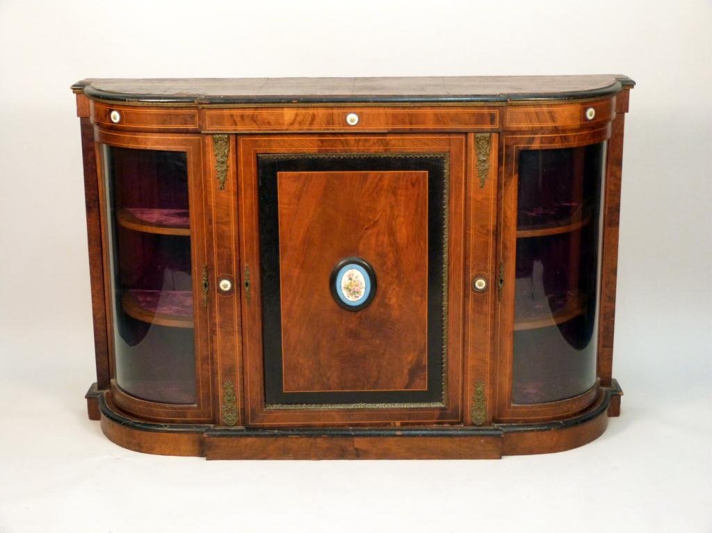 Edwardian D" Shaped Console Cabinet": Line inlay. Bronze mounted. Curved glass side doors. With felt interior. Sevres style porcelain mounts. 60 W X 16" D X 38" H"