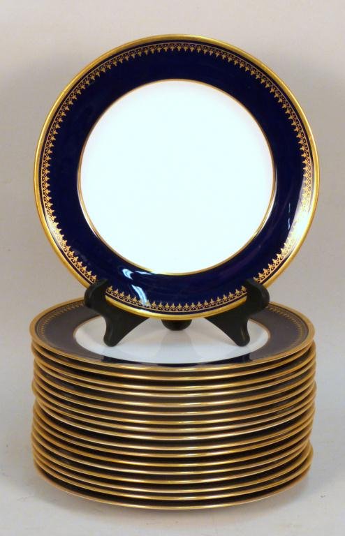 Set of 18 Spode Dinner Plates: 10 1/4. Cobalt blue and gilt decorated. Made for Gered of Piccadilly Arcade, London."
