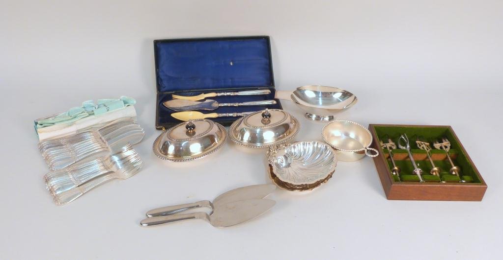 Assorted Silver Plated Articles: Picks retailed by Tiffany, 24 piece fish set, Christofle bowl, etc..