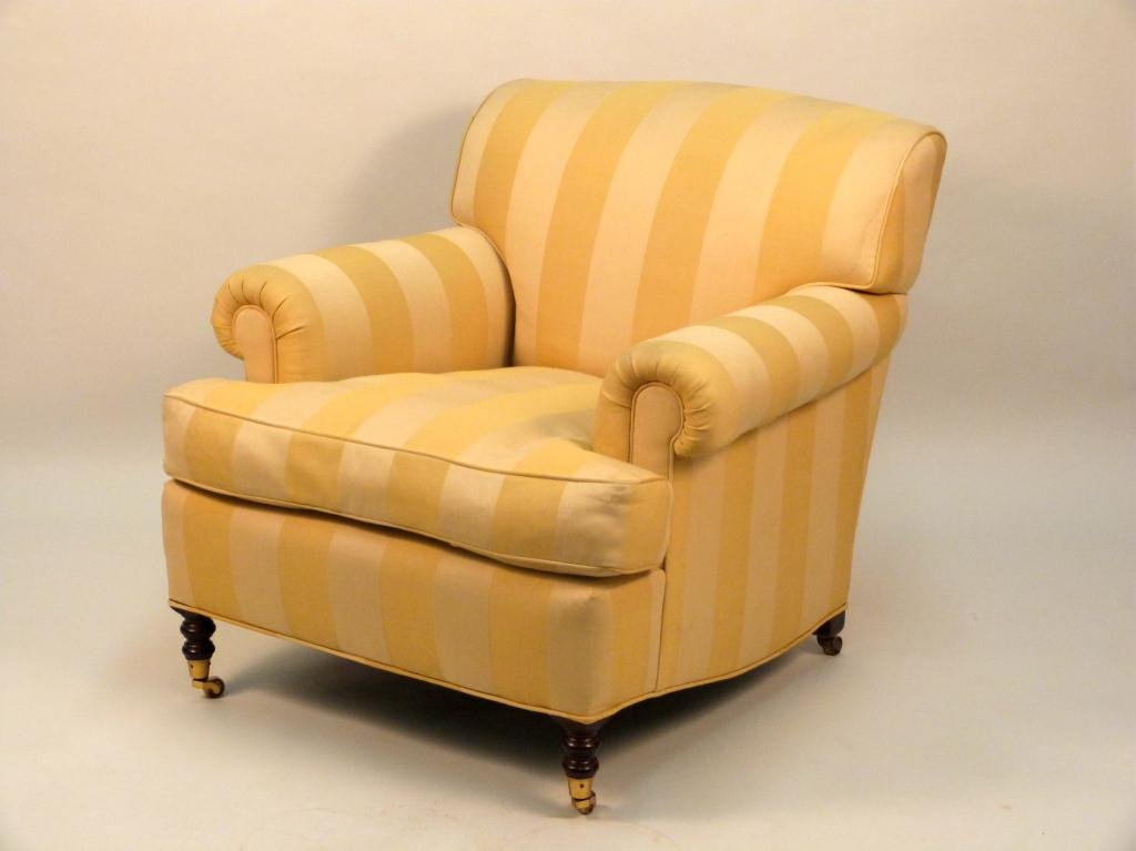 George Smith Style Upholstered Club Chair: Turned front legs, four casters, down cushion, 35W X 39"D X 33" tall."