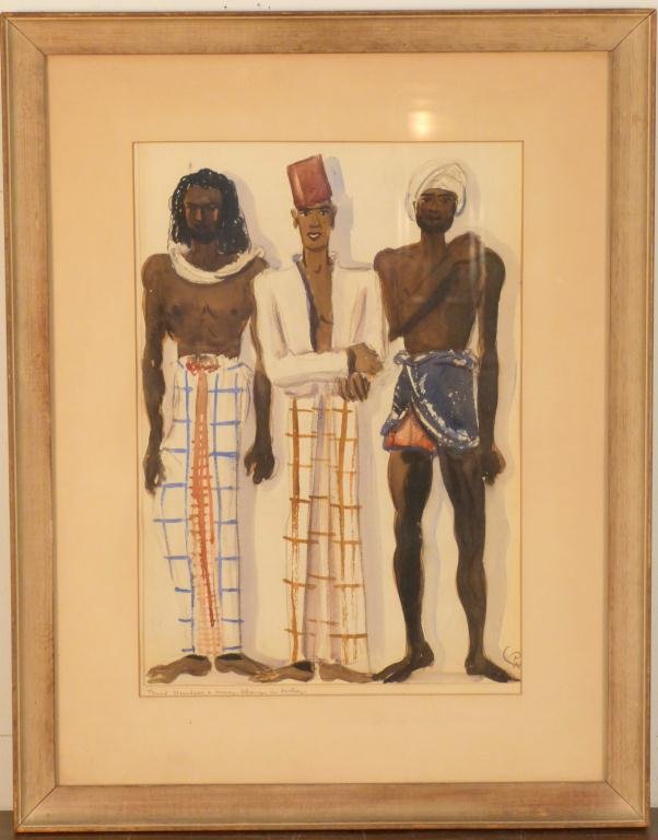 Signed Illegibly - Watercolor: 3 Malaysian figures. Initialed lower right. Mounted on paper with title. 19 1/4 X 13 1/2" (28 1/2" X 22 1/2")"