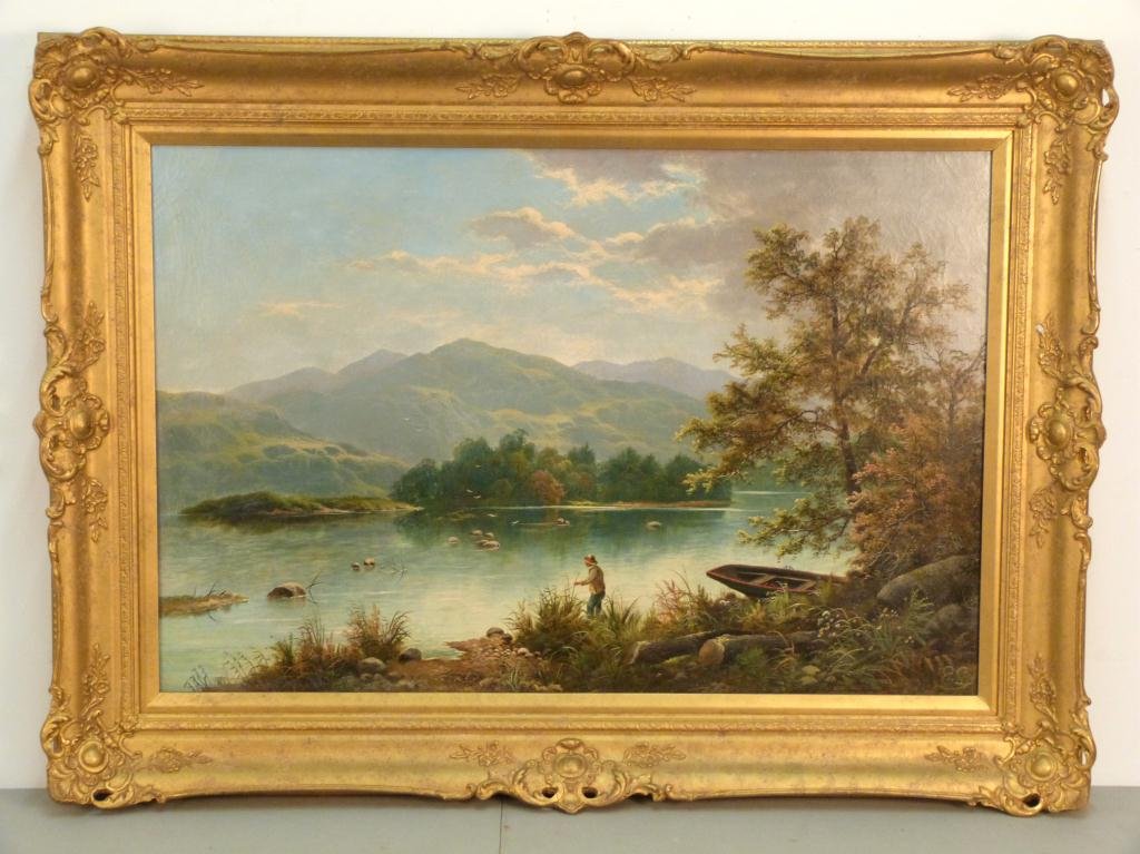 Edgar Longstaffe (English 1849 - 1912) - Oil: Oil on Canvas. River landscape with fisherman. 24 X 36" (33" X 45") Los Angeles Fine Art Gallery label. Relined. (a Park Avenue residence)"
