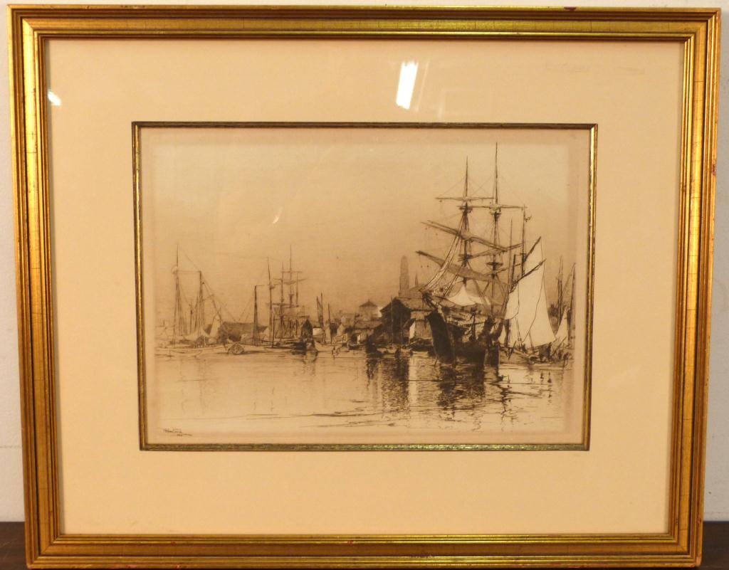 Stephen Parrish - Print: Dock scene. Dated 1885 in plate. 10 X 14" (18" X 22")"