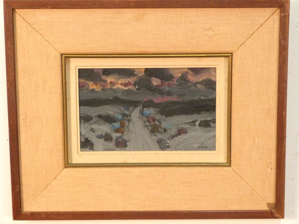 Bruno Bobak - Oil on Panel: Rural nightscape. Signed lower right. Titled on verso. 4 1/2 X 8" (13" X 16")"