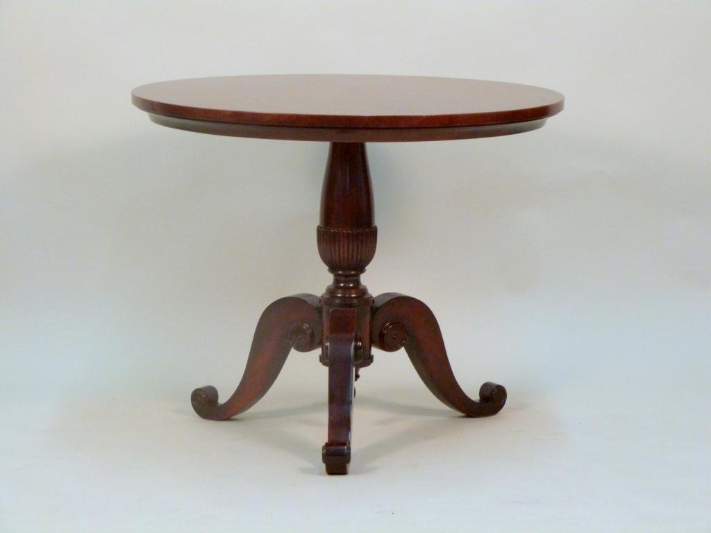 Regency Style Round Lamp Table: Splay leg, tripod base, mahogany. 31 1/2 Dia. X 25 1/2" H"
