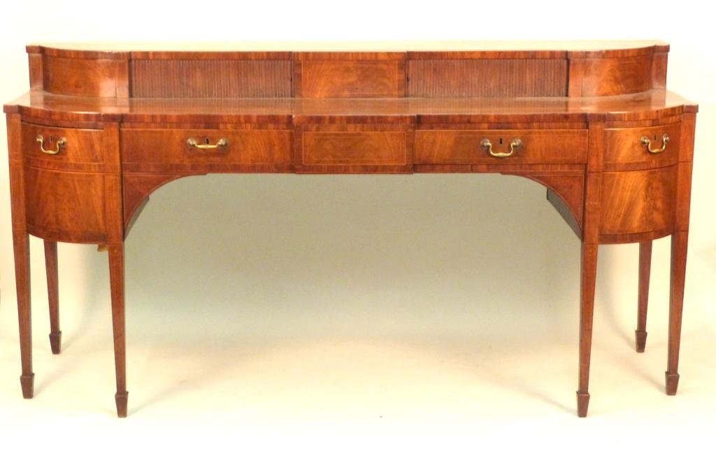 Antique Large Mahogany Server/Sideboard: Tambour slides on set back top. Line inlaid. Cellarette side drawers and three center drawers. Straight, square tapered legs. Likely Scottish, 18th C. 84 W X 29" D X 43" H, 2" overhang back. See photo