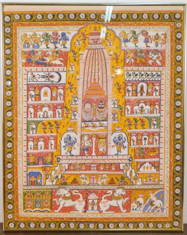 Painted Tibetan Style Tonka: Multi Figural temple style. 30 X 24""