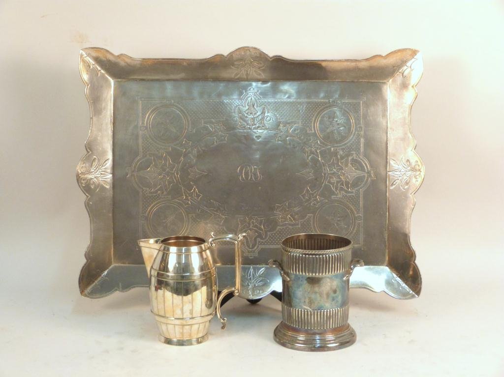 Three Aesthetic Movement Silver Plated Articles: Tray 24 x 18", bottle coaster and barrel form pitcher."