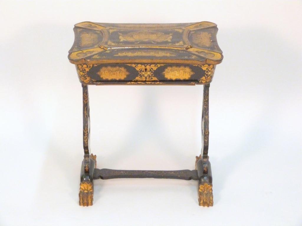 Antique Regency Chinoiserie Sewing Table: Very intricate design. Carved paw feet. Interior with detailed ivory. Sewing set fittings. Slide having no basket. Finished back. 20 3/4W X 14"D X 24"H"