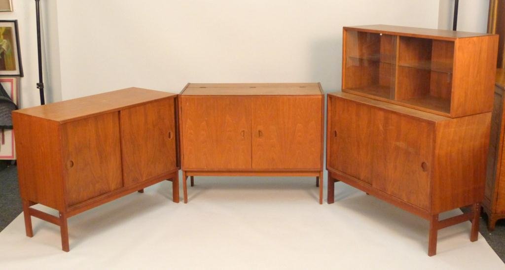 6 Piece Hansen & Guldborg Cabinet Suite: 3 cabinets (2 with sliding doors and 1 with a lift top) and 3 hanging units (one thin with drawer and open, one with 4 drawers, one with glass doors). Lift Top 36W X 16"D X 29"H. Tabletop 36"W X 12"D 