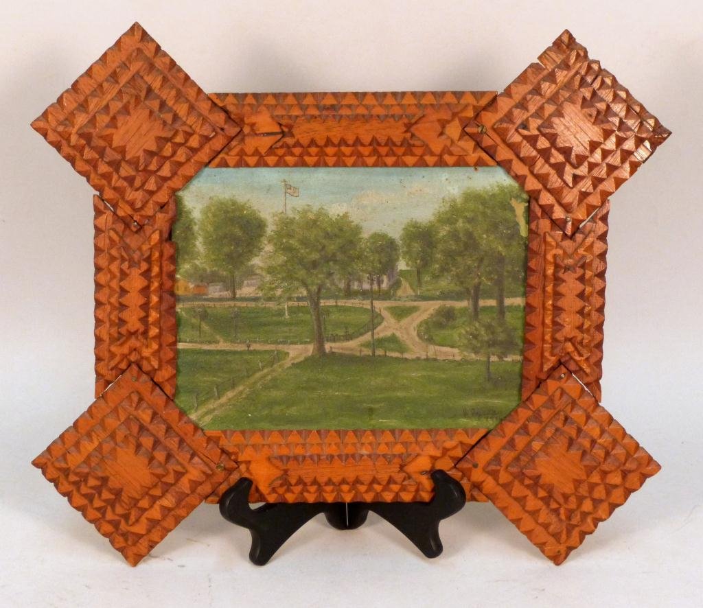 Vintage Tramp Art Frame: Inset oil on panel. American scene. Signed J. Tejeda, 1914. 15 H X 17"W"