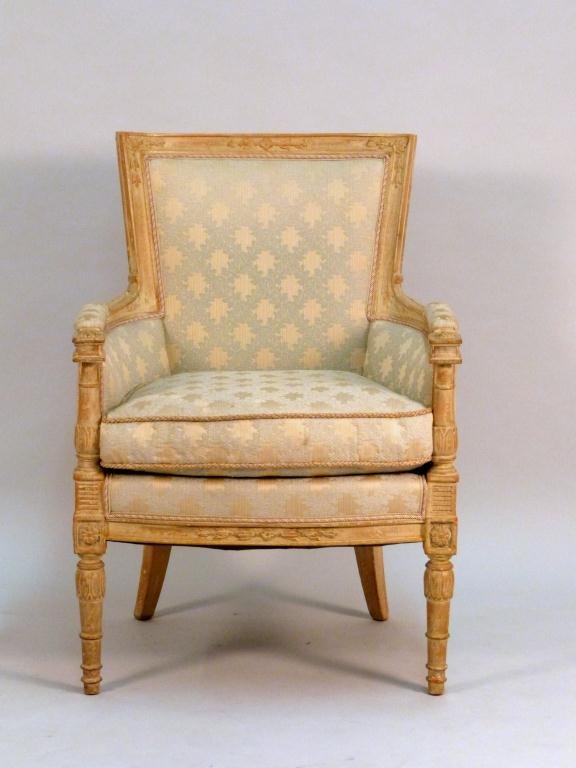 French Upholstered Bergere: With carved and painted wood frame, 27W x 26"D, 20" seat height, 37" back height."