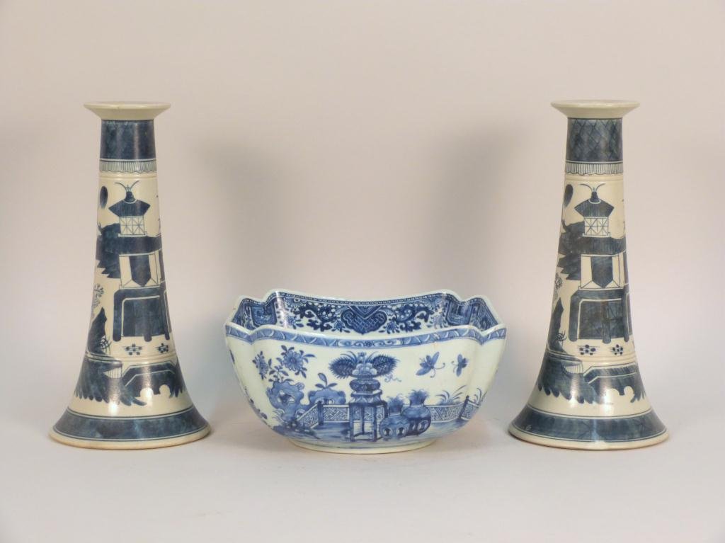 3 Piece Chinese Assembled Garniture: Square bowl (10 Dia. X 5" H) and candlesticks (12 1/2" H)."